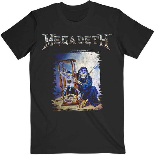 Black Megadeth t-shirt with hourglass and grim reaper graphic.