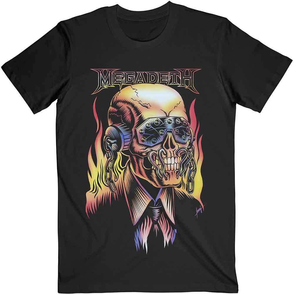 Black t-shirt featuring a Megadeth logo and Vic Rattlehead skull graphic with flames.