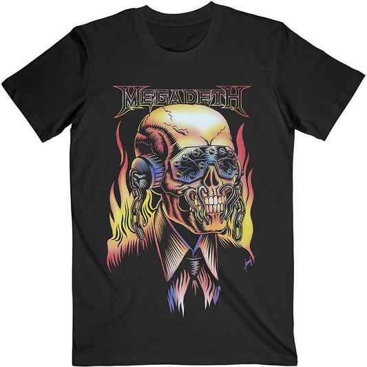 Black t-shirt featuring a Megadeth logo and Vic Rattlehead skull graphic with flames.