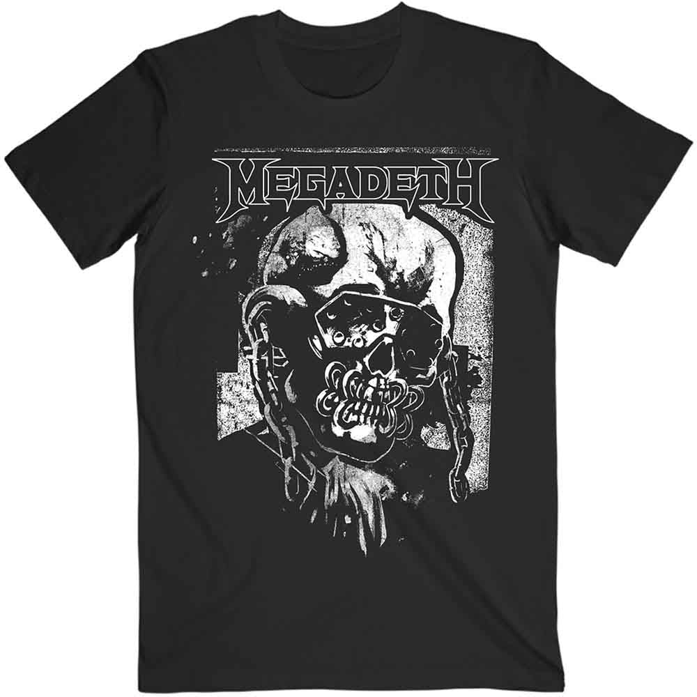Black t-shirt featuring a white high-contrast graphic of the Megadeth band mascot Vic Rattlehead.