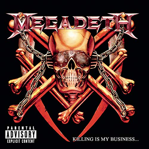 Megadeth album cover: skull with crossed bones and chains, parental advisory.