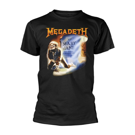 Black t-shirt with Megadeth logo and a tombstone graphic reading "Mary Jane.
