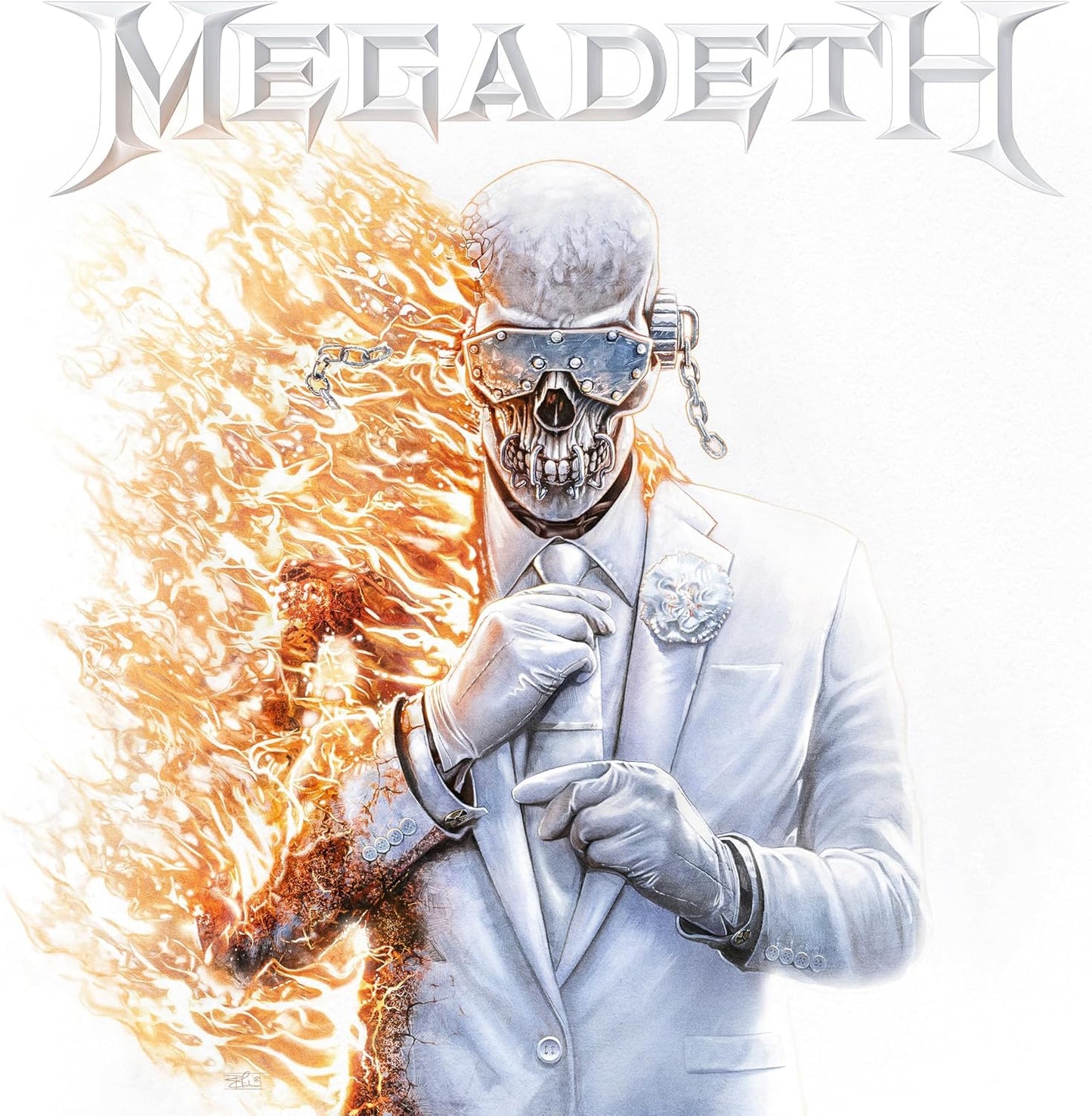 Megadeth album cover featuring a skeletal figure in a suit with flames.
