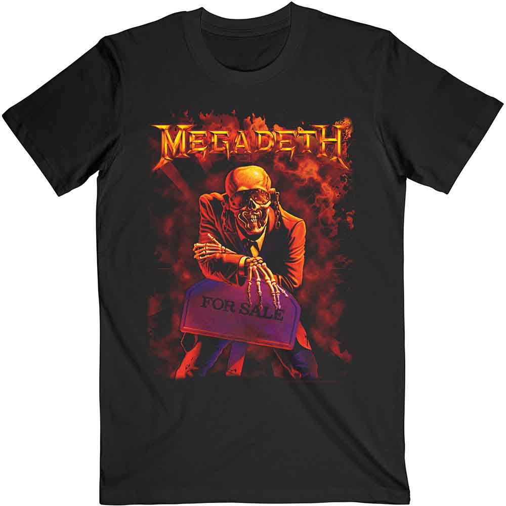 Black Megadeth t-shirt with fiery skull and "Peace Sells" graphic.