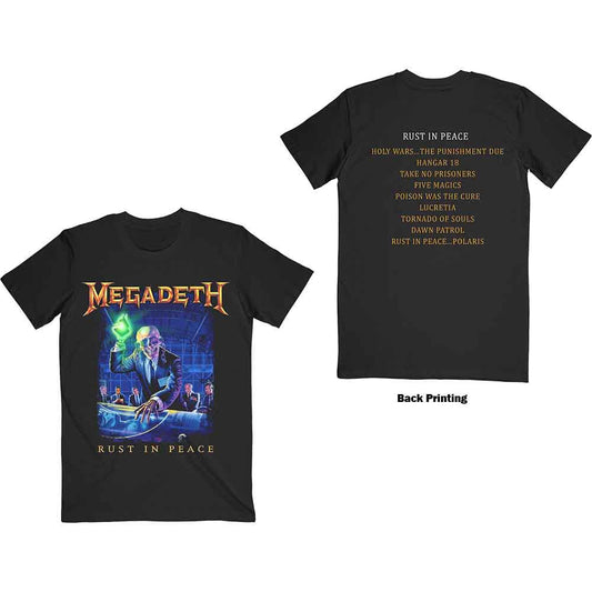 Black Megadeth t-shirt with “Rust in Peace” album art and band logo.