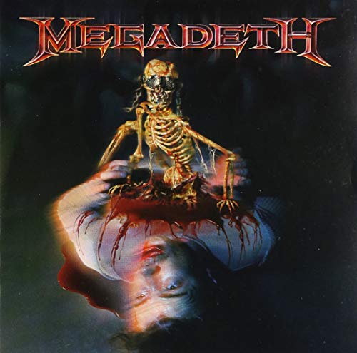 The image depicts a haunting album cover featuring a skeleton emerging from a human head, with the band name "Megadeth" prominently displayed. The concise, descriptive alt text for this image is: "Album cover with a skeleton rising from a bloody head, titled Megadeth."