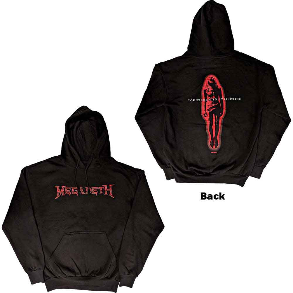 Black pullover hoodie with large Megadeth “Countdown To Extinction” back print.