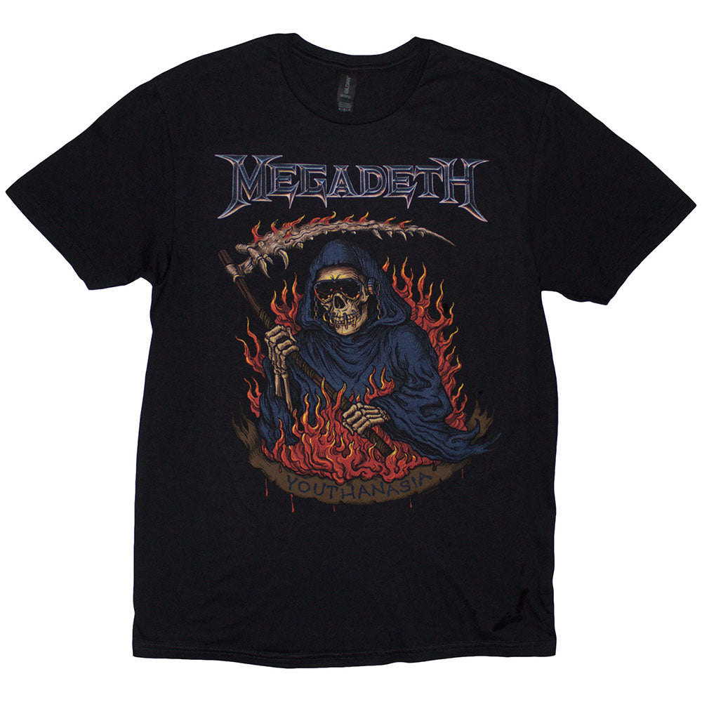 Black Megadeth t-shirt with "Youthanasia" album art featuring flames, size XX-Large.