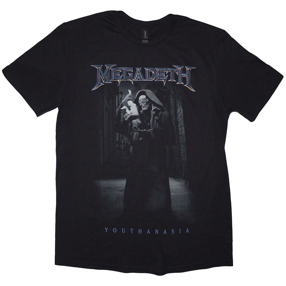 Black Megadeth t-shirt featuring “Youthanasia The Broker” artwork, size X-Large.