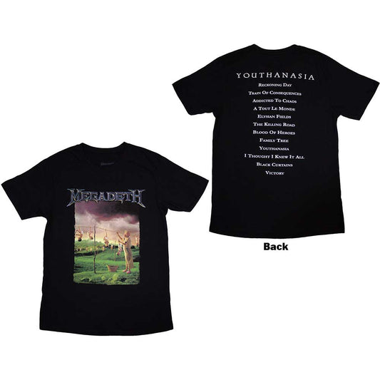 Black Megadeth t-shirt with white “Youthanasia” tracklist printed on the back.