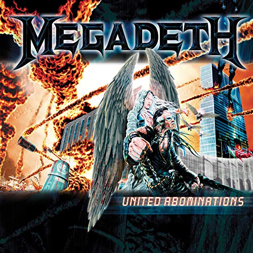 Album cover showing a winged angel standing behind a man amidst fiery explosions.