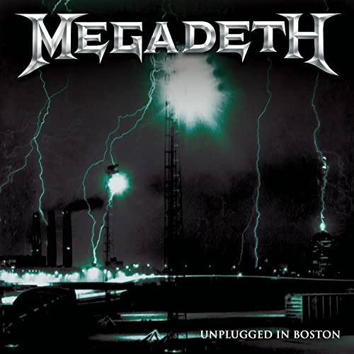 Megadeth logo over a dark industrial landscape with green lightning strikes at night.