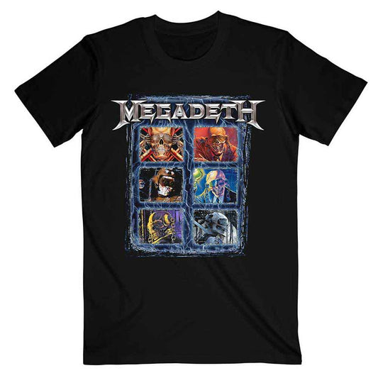 Black Megadeth t-shirt with a collage of band imagery.