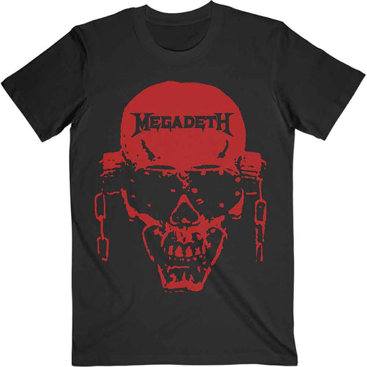 Black t-shirt featuring a red graphic of the Megadeth Vic Rattlehead skull logo.