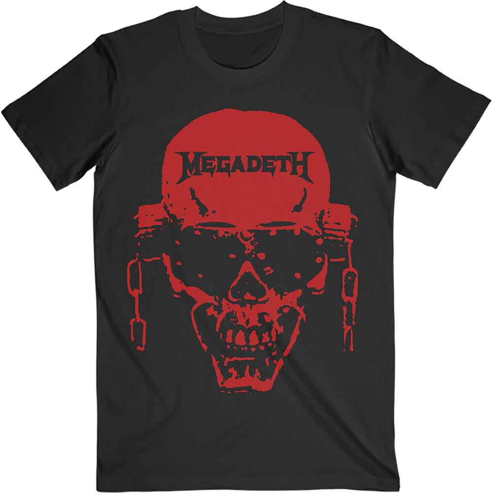 Black t-shirt featuring a red graphic of the Megadeth Vic Rattlehead skull logo.
