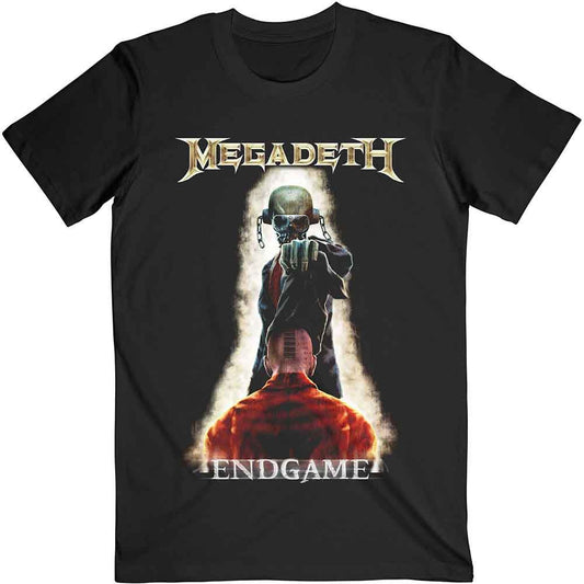 Black Megadeth t-shirt with Vic Rattlehead and "Endgame" artwork.