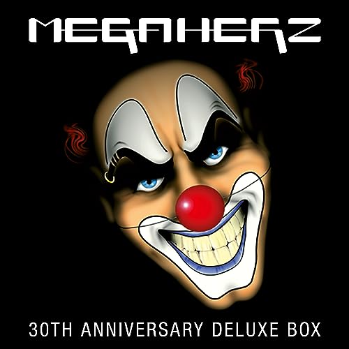 Megaherz album cover: sinister clown face with blue eyes and red nose.