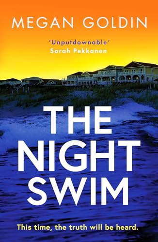 Book cover: beach scene with large white text "The Night Swim".