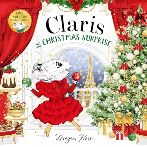 Claris the mouse in a red dress holds ornaments near a Christmas tree.