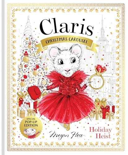 Book cover: mouse in red dress with Christmas tree and city skyline.
