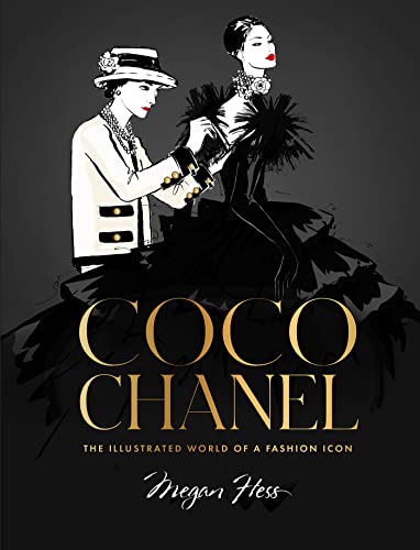 An illustration of Coco Chanel adjusting a dress on a model against black background.