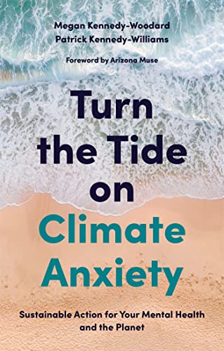 Book cover: "Turn the Tide on Climate Anxiety" with ocean wave background.