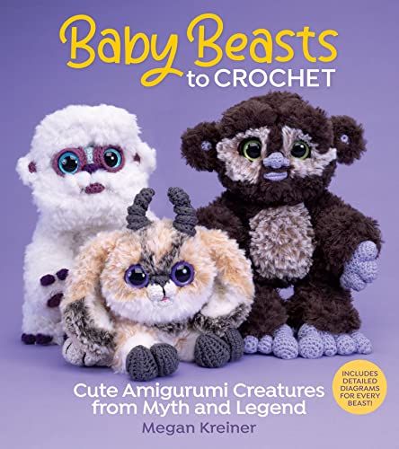 Book cover featuring crocheted mythical creatures: a yeti, dragon, and monkey.