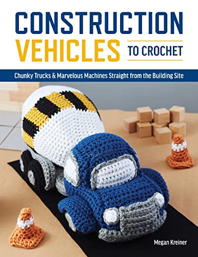 Crocheted cement mixer and dump truck with building blocks and cones.