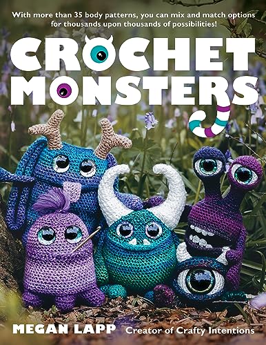 Book cover showing four colorful, handmade crochet monsters sitting in a grassy garden setting.