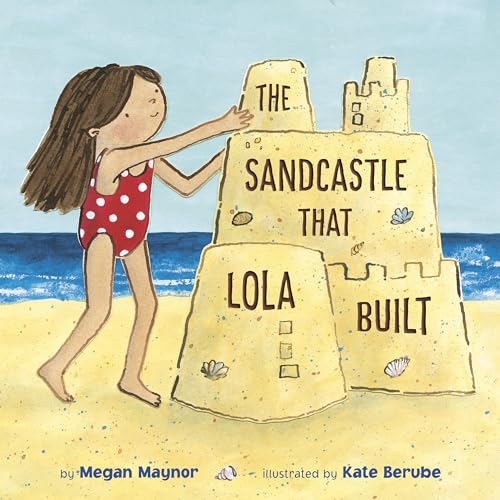 Girl beside a large, illustrated sandcastle on a beach.