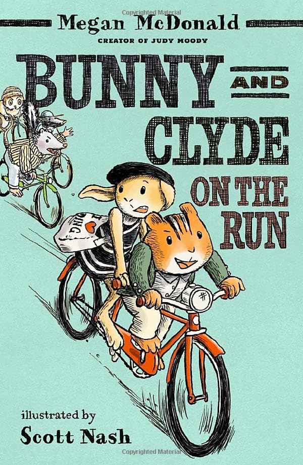 Two animal characters ride a bicycle, illustrated cover of children’s book.