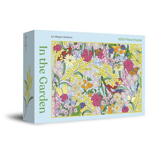 Boxed 1000-piece jigsaw puzzle depicting a colorful, dense garden of flowers and butterflies.