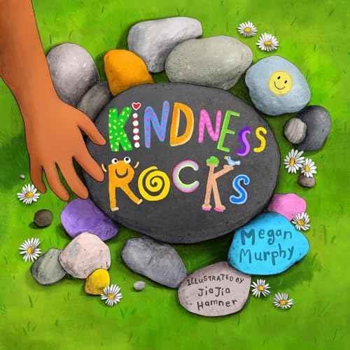 Colorful illustrated book cover with painted rocks and a hand reaching out.