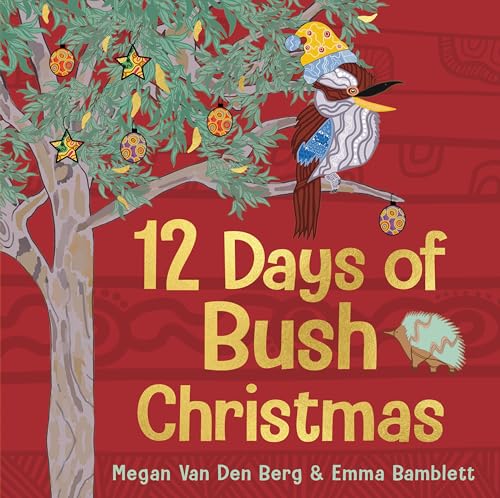 Book cover: kookaburra in a Santa hat, decorated tree, bush Christmas theme.