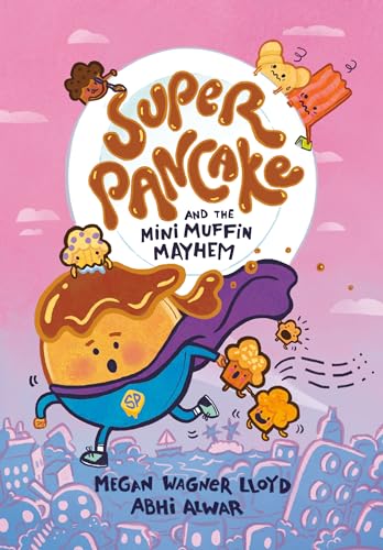 Superhero pancake battles mischievous muffins in a colorful graphic novel cover.