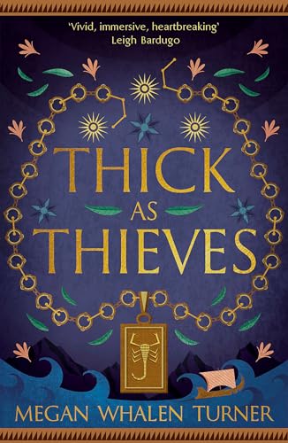 Book cover with gold text, a chain, scorpion pendant, and stylized waves on purple.