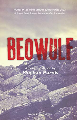 Book cover for Beowulf translated by Meghan Purvis, featuring a rocky landscape background.