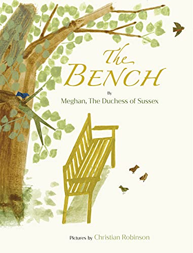 Watercolor illustration of a yellow bench under a tree with birds.