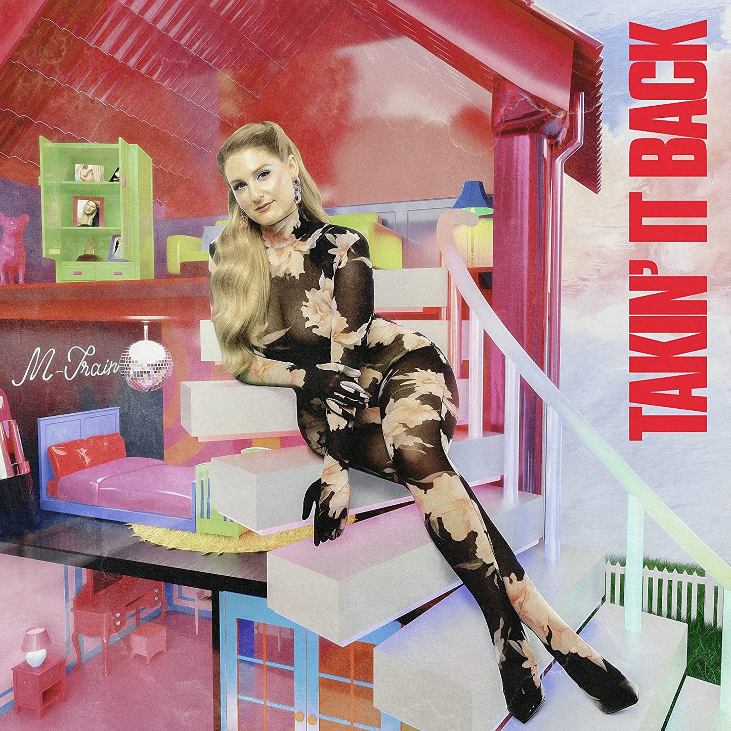 Meghan Trainor album cover, posing in a pink, dollhouse-inspired setting.