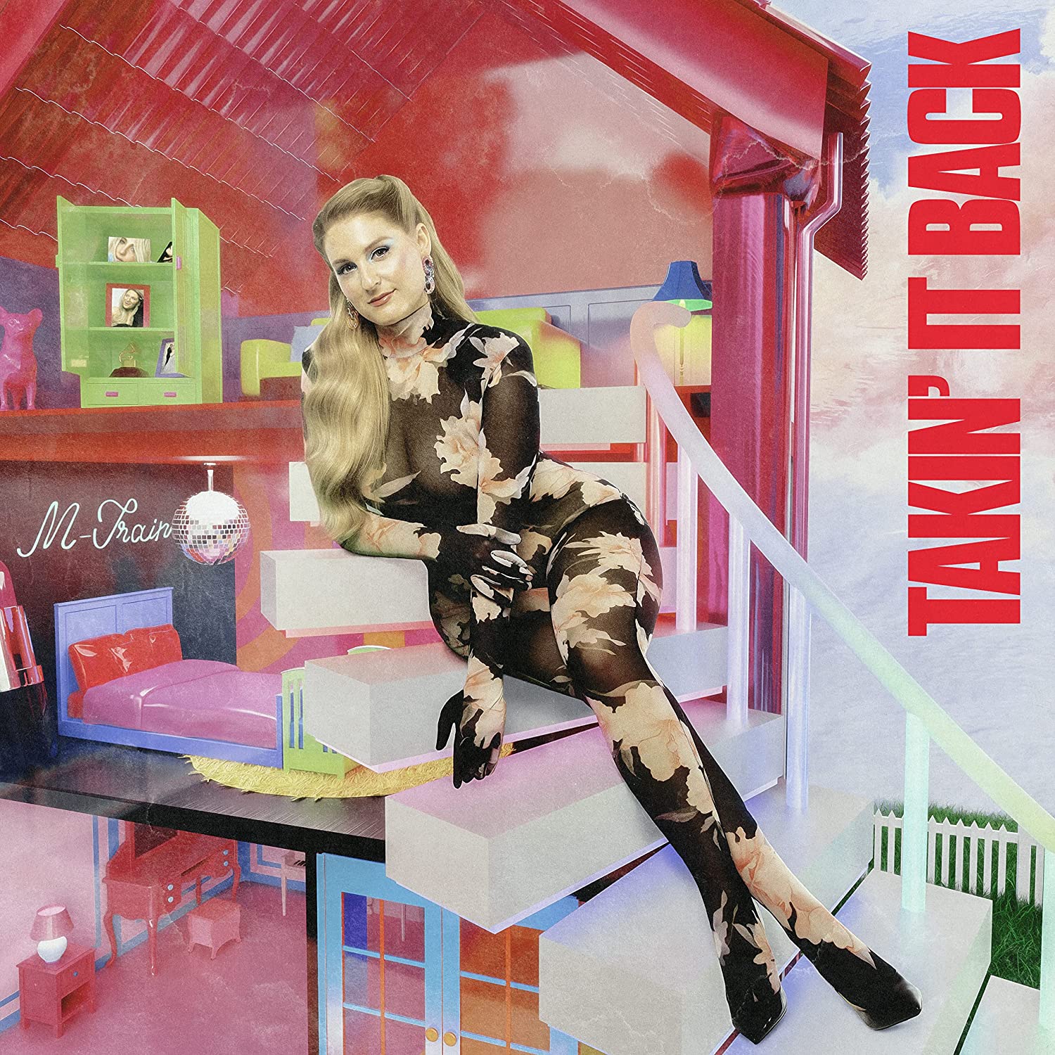 Meghan Trainor album cover, posing in a pink, dollhouse-inspired setting.