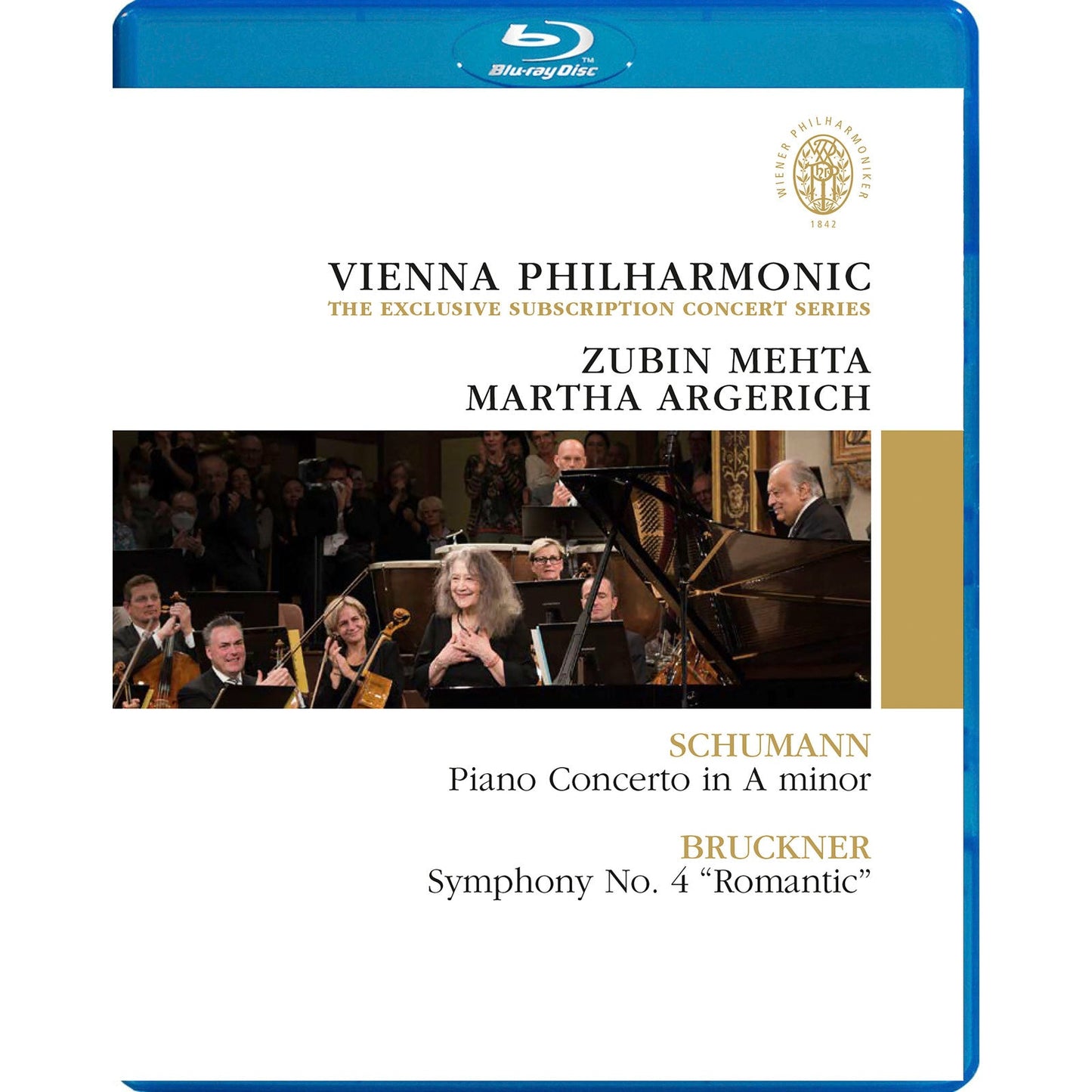 Blu-ray cover featuring orchestra, pianist Martha Argerich, and conductor Zubin Mehta.