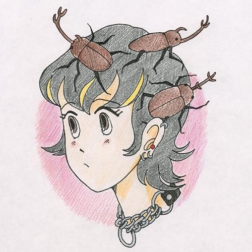 Colored pencil illustration of a woman with beetles on her head.