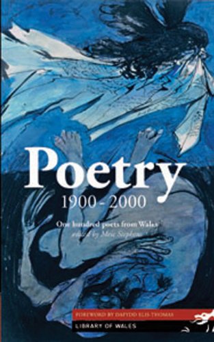 Book cover: “Poetry 1900-2000” with abstract blue and white imagery.