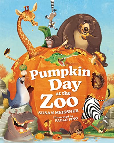 Zoo animals playfully gathered around and inside a large pumpkin.
