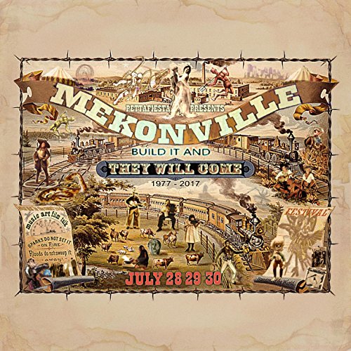 "Vintage-style poster for 'Mekonville' album cover with sepia-toned illustrations and barbed wire border."