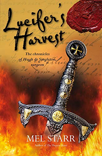 Book cover: “Lucifer’s Harvest” with a sword, wax seal, and flames.