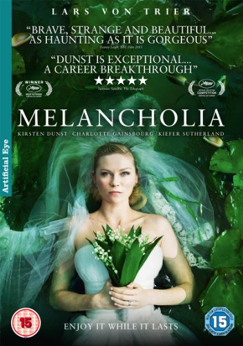 DVD cover for "Melancholia" featuring Kirsten Dunst in a wedding dress.