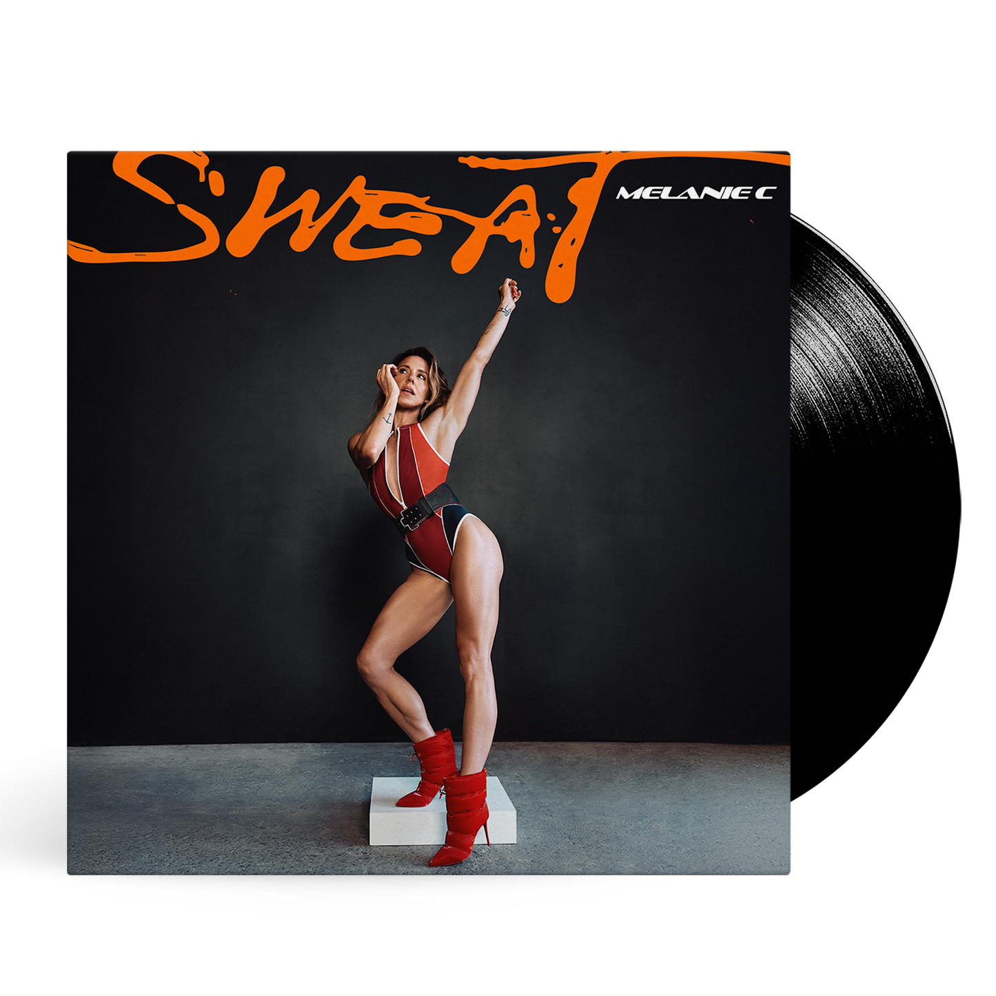 Melanie C's "Sweat" vinyl record cover with artist in red and black outfit.