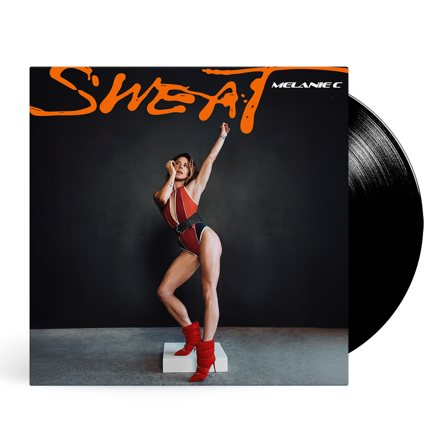 Melanie C's "Sweat" vinyl record cover with artist in red and black outfit.