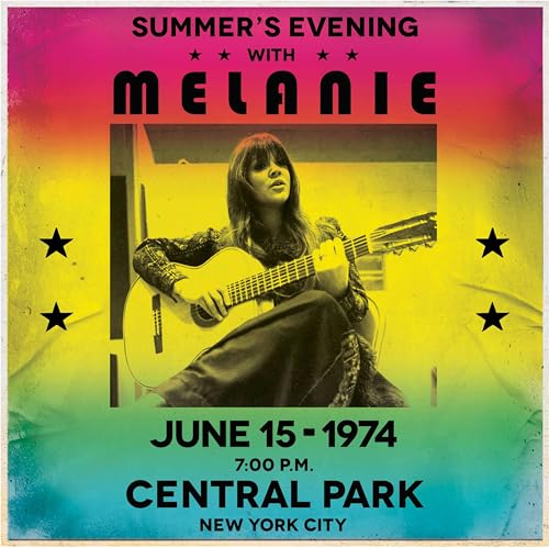 1974 concert poster featuring Melanie playing acoustic guitar in Central Park.